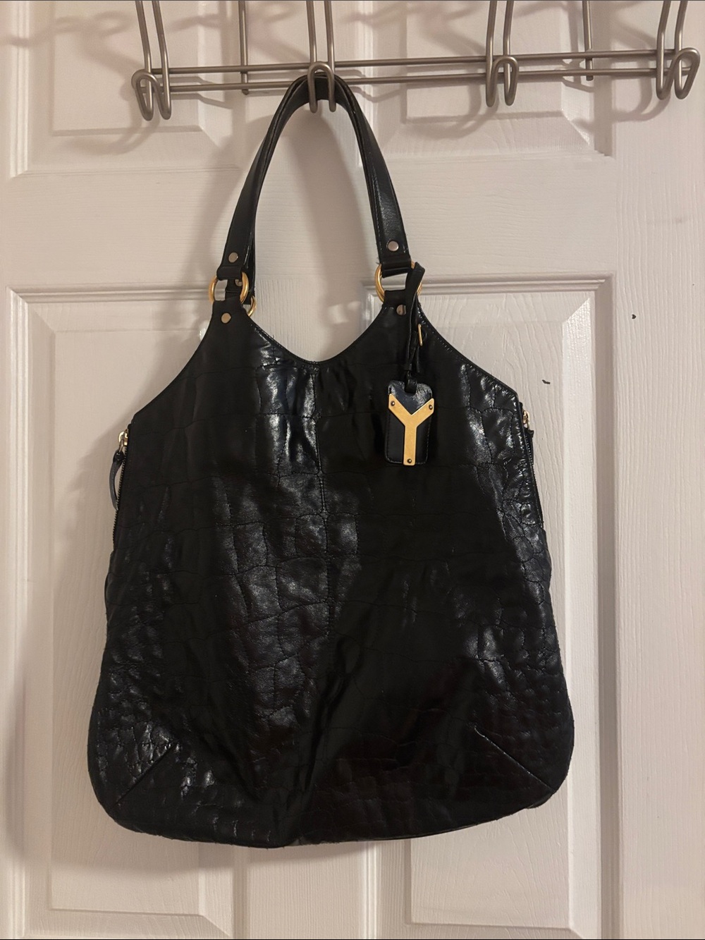 YSL Black Quilted Patent Leather Tote Bag with Gold Accent
